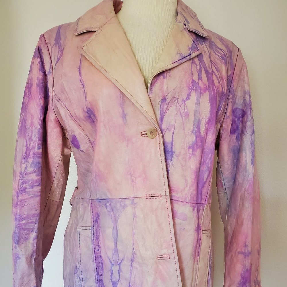 Vintage Leather Coat XL pink purple tie dye 12 14